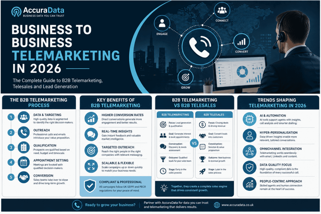An infographic displaying many facts and pieces of infomration on B2B Telemarketing.
