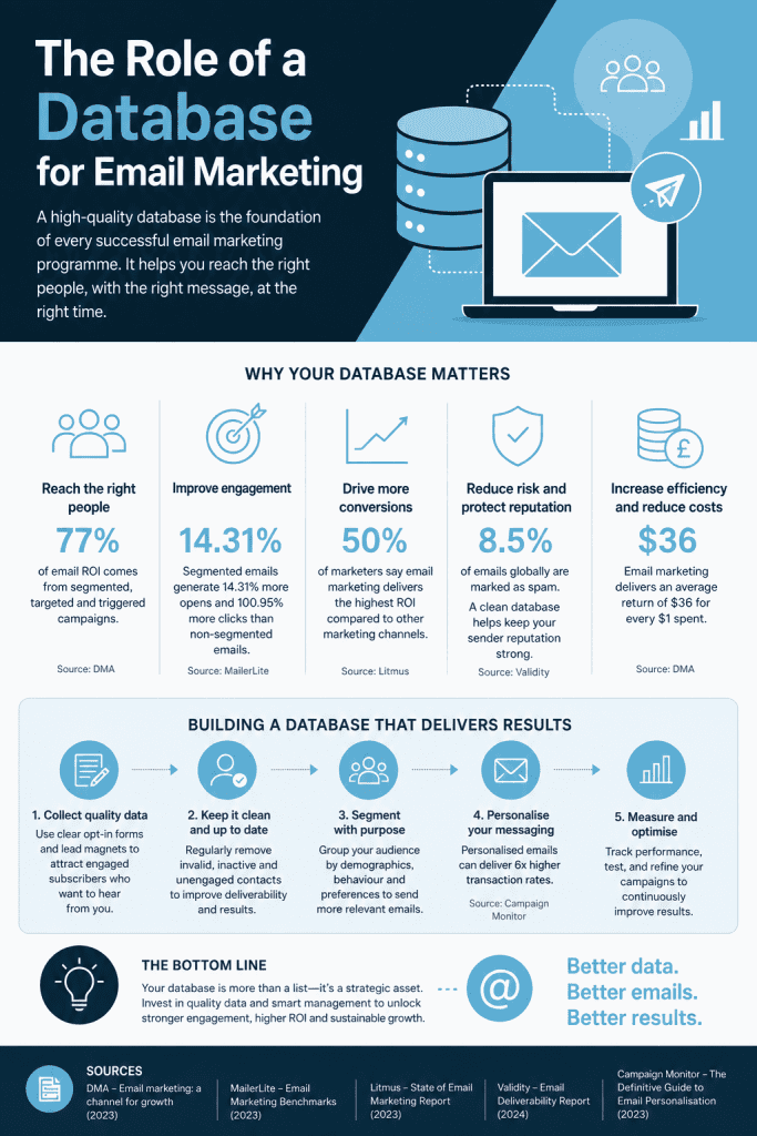 This infographic provides statistics on why a database for email marketing is important.