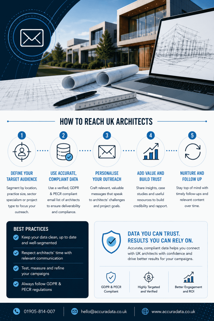 An infographic highlighting best practices when using an email list of architects.