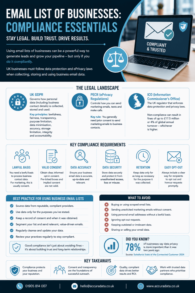 An infographic, highlighting the compliance aspects of an email list of businesses.