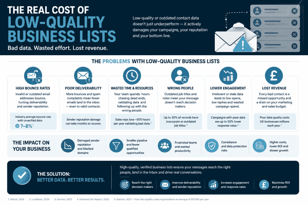 An infographic highlighting the real business costs of low-quality business lists.