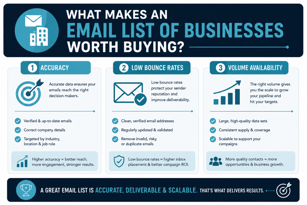 An infographic highlighting what makes an email list of businesses worth buying.