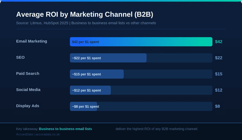 Infographic showing average ROI by marketing channel. Showing business to business email lists are a premier option.