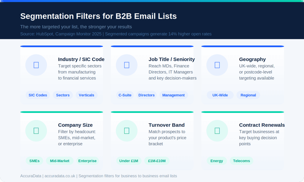 An infographic showing how business to business email lists can be segmented.