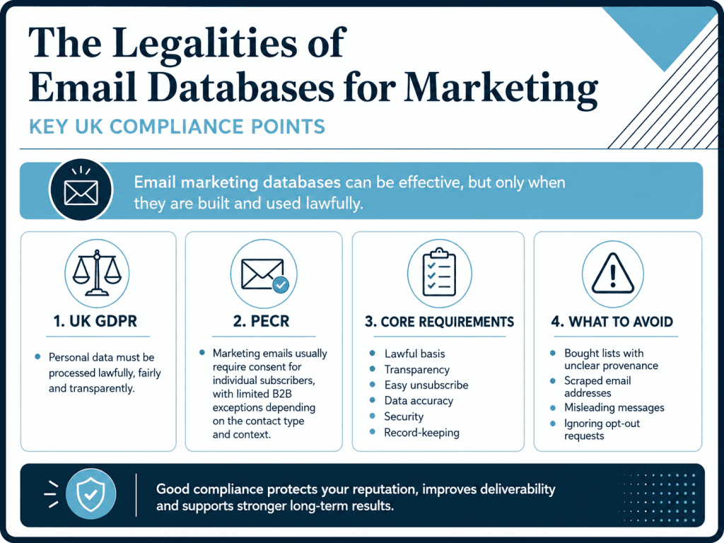 The legailities of email databases for marketing.